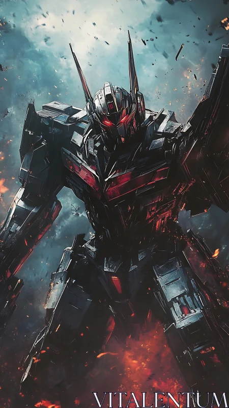 Towering battle mech strides through fire and stormy skies