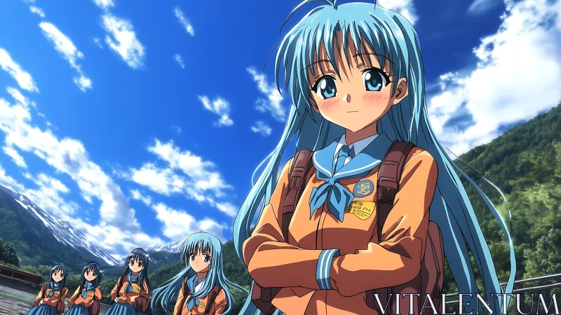 Anime schoolgirl panorama under expansive alpine sky.