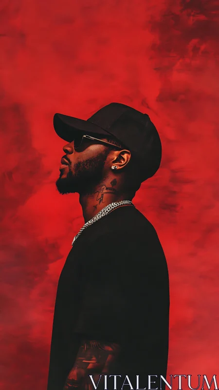 Side-profile urban portrait isolates subject against red field