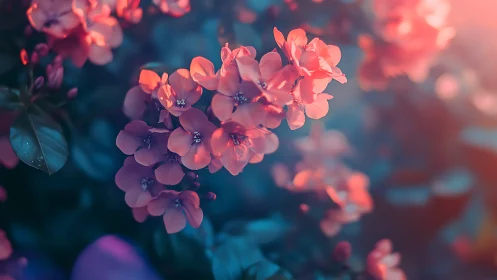 Pink flowers illuminated by warm golden light. Dreamy bokeh