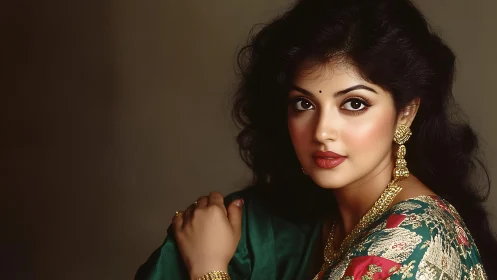 Elegant portrait captures poised woman in ornate sari