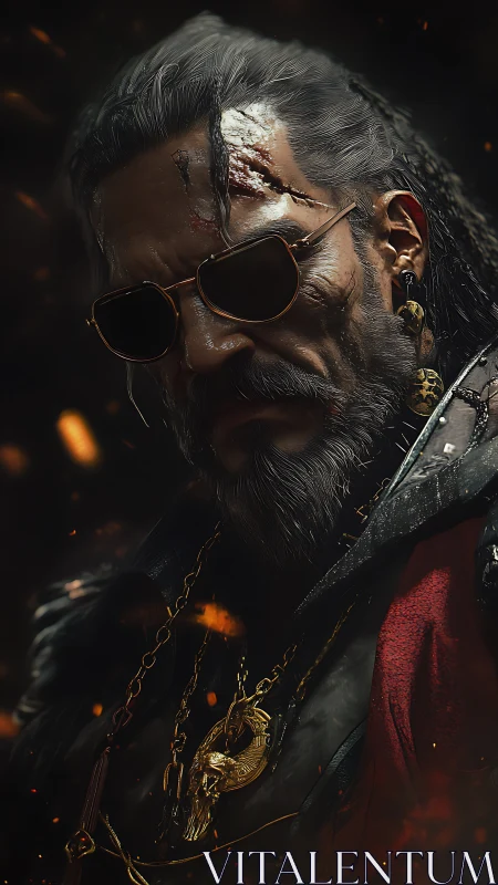 Bearded male figure in sunglasses with gold jewelry detail.