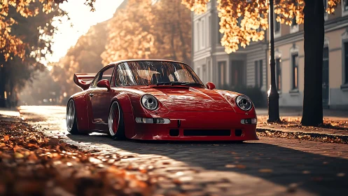 Crimson street racer resting beneath golden autumn canopies.