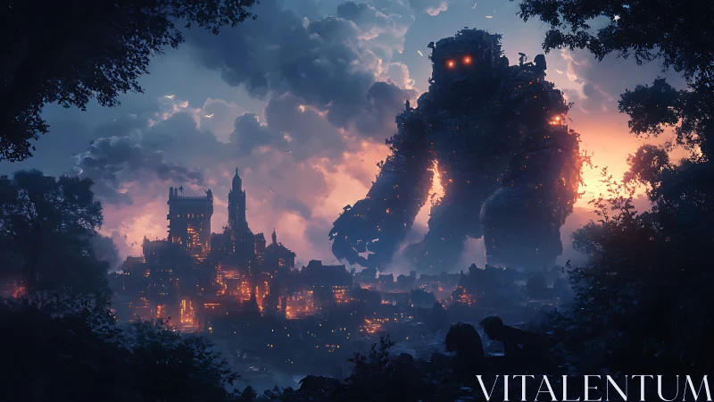 Colossal ember-lit golem advances on a burning twilight cityscape