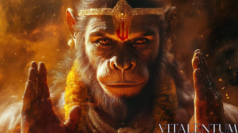 Fiery simian deity portrait with intense blessing gaze.