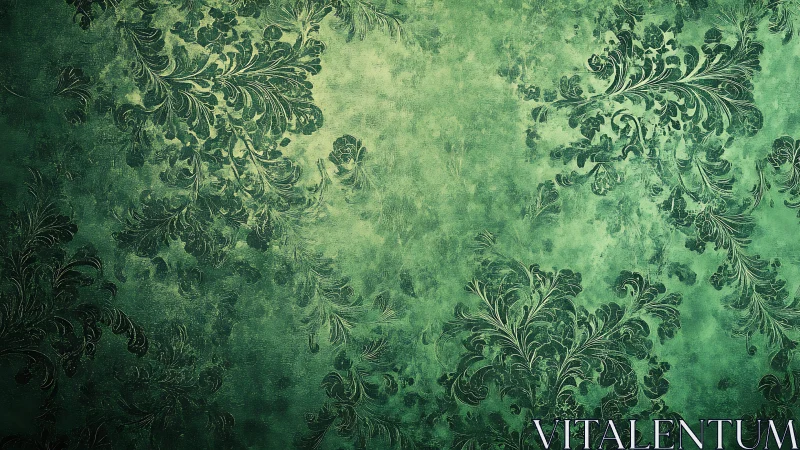 Vintage green damask flourishes over textured background.
