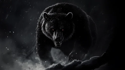 Black bear advances through dark snowy environment at night