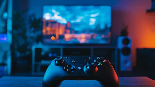 Gaming Setup with Controller Foreground and Display Screen.