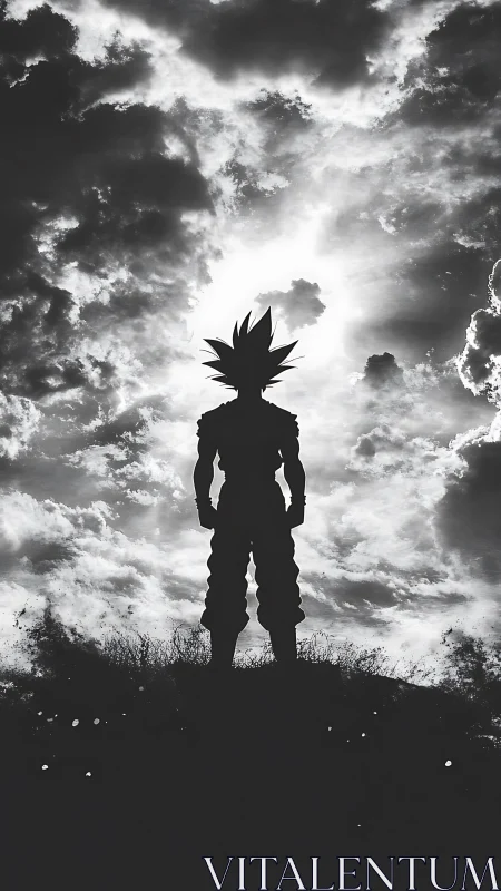 Heroic anime silhouette stands defiant beneath storm clouds
