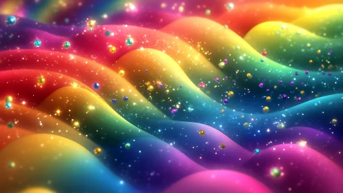 Layered rainbow waves with floating particles and light.