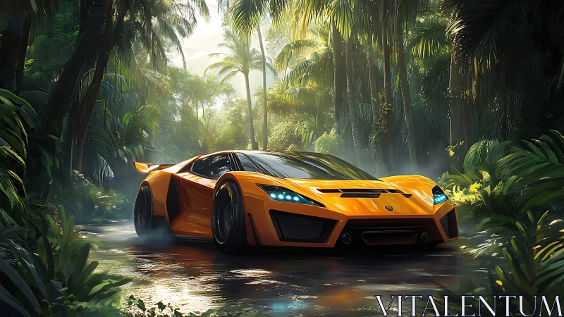 Orange supercar cuts through misty jungle stream at sunrise