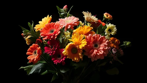 Vibrant Gerbera Bouquet Against Black Background
