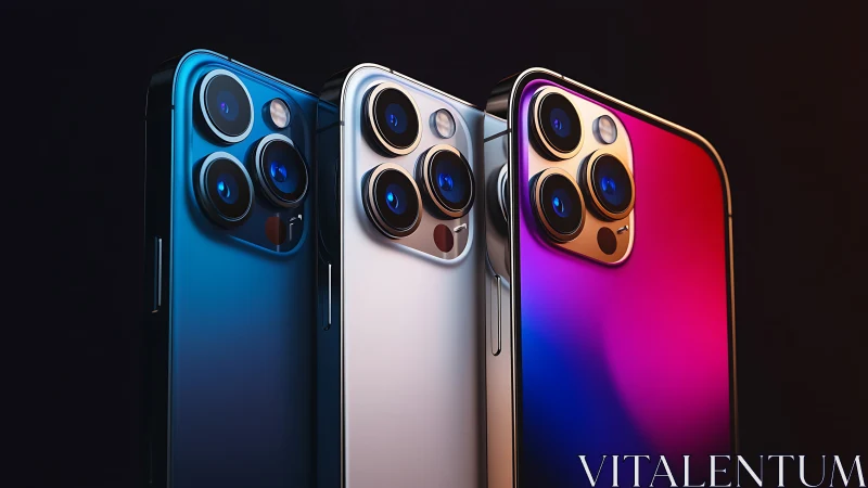 Triple lens smartphones in blue, silver and gradient finish.