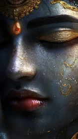Serene jeweled face in soft gold and midnight blue light.