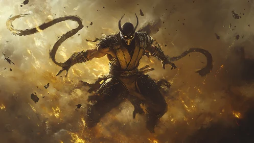 Infernal masked warrior suspended in swirling ember storm.