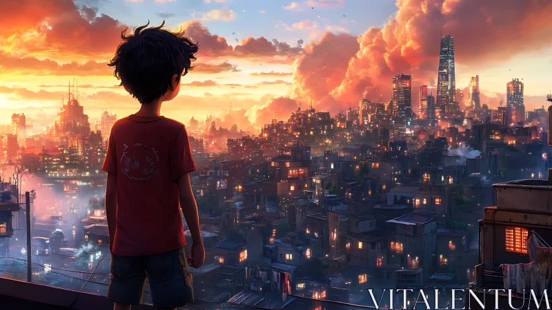 Child observes dense urban skyline under illuminated sunset