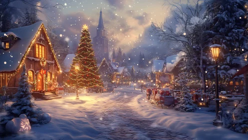 Snowy Christmas village street with glowing festive lights.