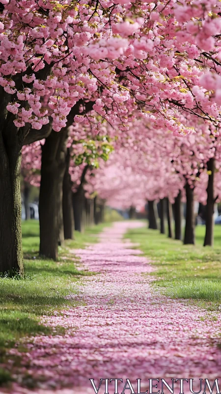 Cherry blossom all&eacute;e with receding petal pathway perspective.