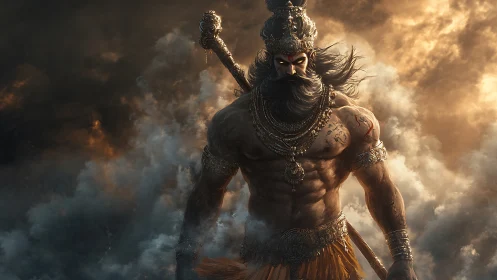 Storm-forged mythic warrior striding through burning clouds.