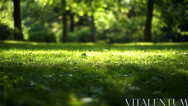 Sunlit grass field lies beneath softly blurred trees