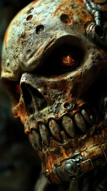Rust-kissed cyber skull with eerie molten gaze.