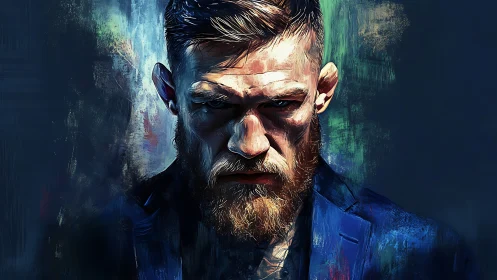 Intense bearded man in suit against abstract dark background.