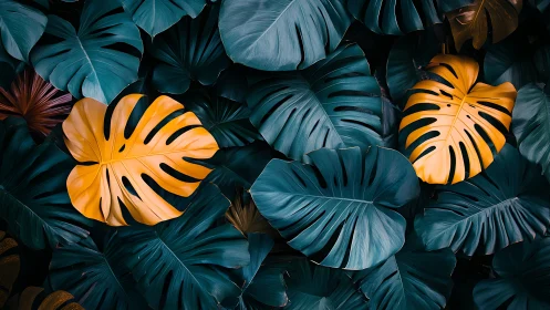 Yellow monstera leaves among dense dark tropical foliage.