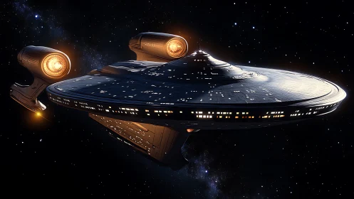 Starlit cruiser skims the void with glowing warp engines.