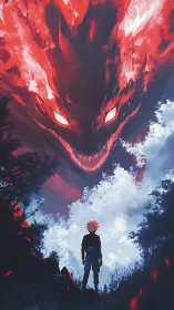 Infernal sky-beast confronting lone anime silhouette sentinel.