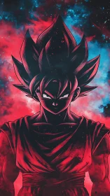 Celestial warrior silhouette carves neon storms with calm fury