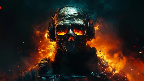 Flaming metallic skull soldier with headset in explosive blaze