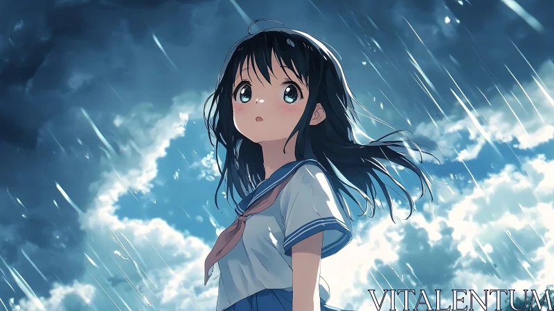 Anime schoolgirl under stormy sky with vivid rainfall.