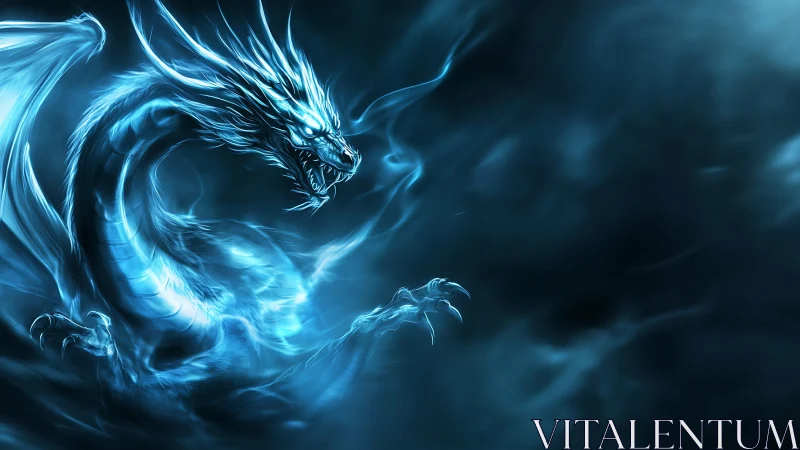 Blue spectral dragon coils in motion within dark mist