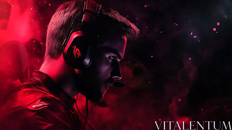 Esports competitor in red-lit headset immersion profile shot.