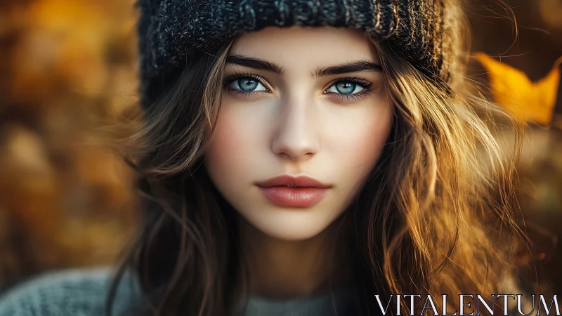 Photorealistic portrait with blue eyes in autumn light.