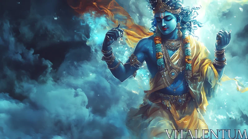 Celestial blue dancer storms through swirling cosmic mist.