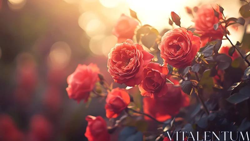 Red roses photographed during golden hour with shallow depth field