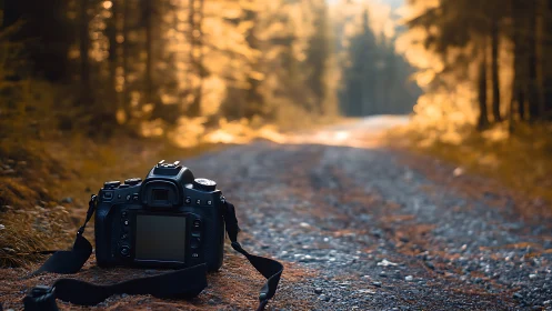 DSLR camera on gravel forest road under shallow depth of field lighting