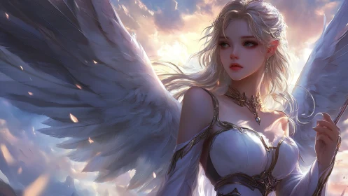 Sunrise armor wraps a winged seraph in luminous resolve