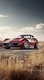 Red vintage sports coupe on rural dirt road at dusk.