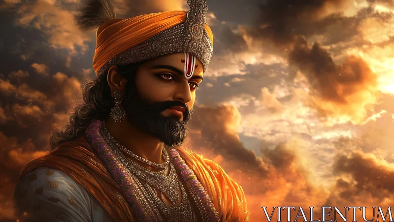 Regal warrior bathed in golden sunset light and quiet grace.