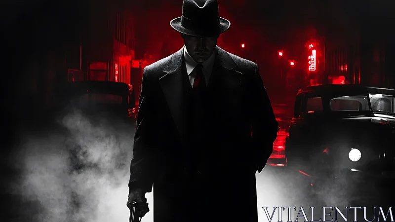 Noir hitman silhouetted in backlit smoke and red neon haze