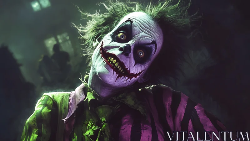Grotesque undead clown portrait in eerie green haze.