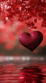 Suspended Glittering Heart in Red Foliage Setting