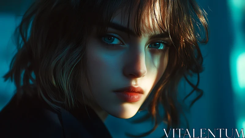 Digital close-up portrait of young woman in teal light.