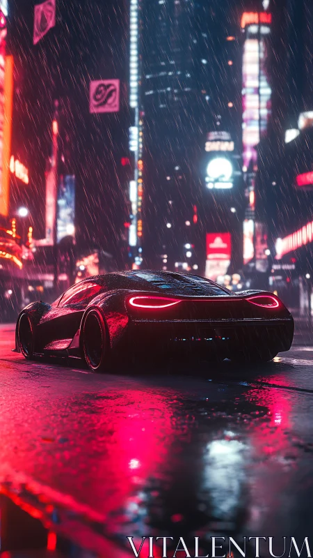 Futuristic supercar glides through neon rain on soaked avenue