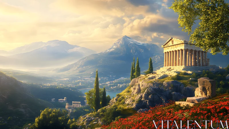 Sunlit Greek temple overlooks vast alpine valley landscape