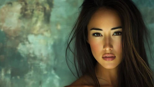 Cinematic close-up portrait with teal bokeh backdrop lighting.