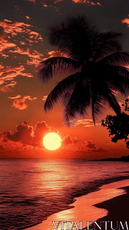 Tropical shoreline with silhouetted palm tree at sunset.