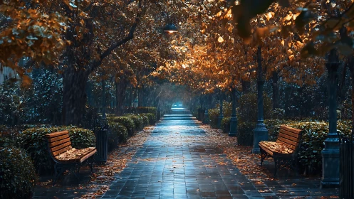 Autumn alley under lamplight rendered with cinematic color grading